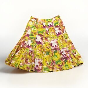 J. Peterman Women's Pleated Skirt Size 8 Yellow Floral Cotton Lined A-Line
